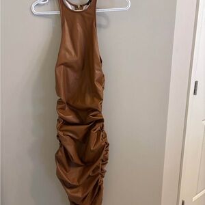 Brown Faux Leather Ruched Bodycon Dress